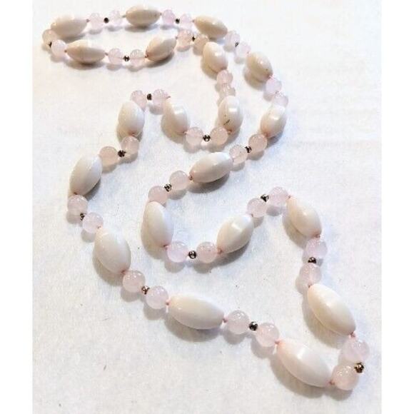 Vintage Lovely Pink Rose Quartz White Bead Necklace Gemstone 32" - Picture 4 of 6